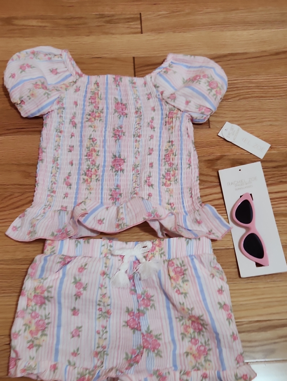 Rachel ZOE Girls Pink Floral Smocked Top & Shorts Set With Sunglasses
